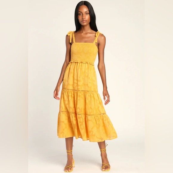 Lulus Dresses & Skirts - Lulu’s Love Yellow Jacquard Smocked Tie-Strap Midi Dress